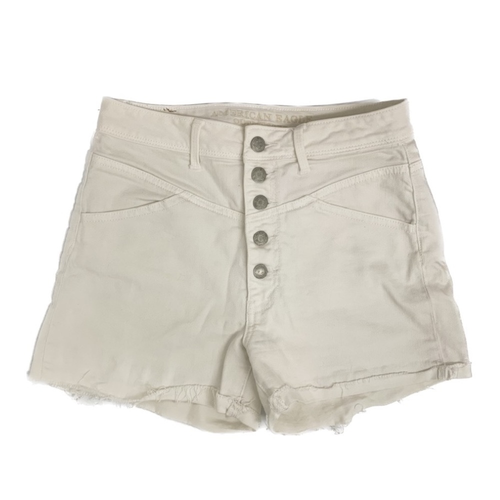 American Eagle | Stretch Denim High Waisted Button Fly Raw Hem Jean Shorts